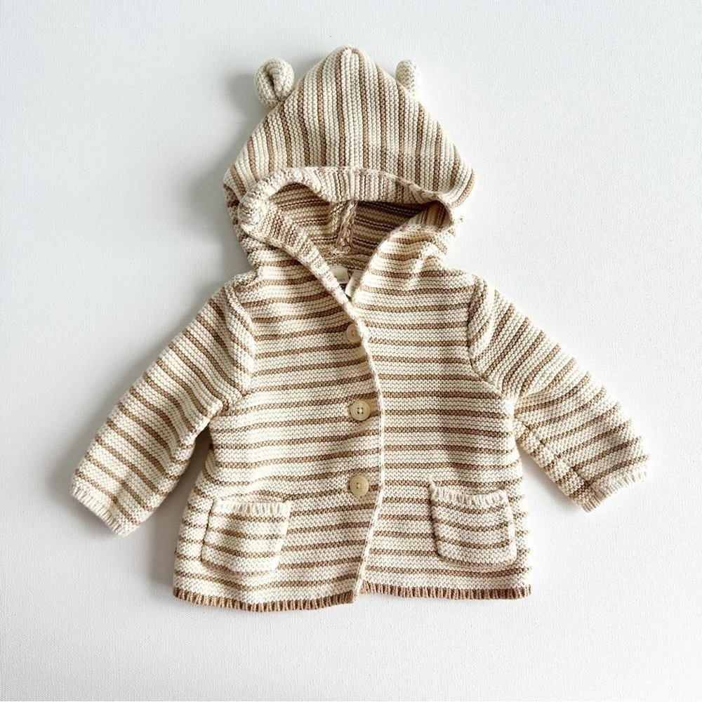 Baby Gap Baby Bear Garter Cardigan Sweater Oatmeal Stripe Size 0-3 Months